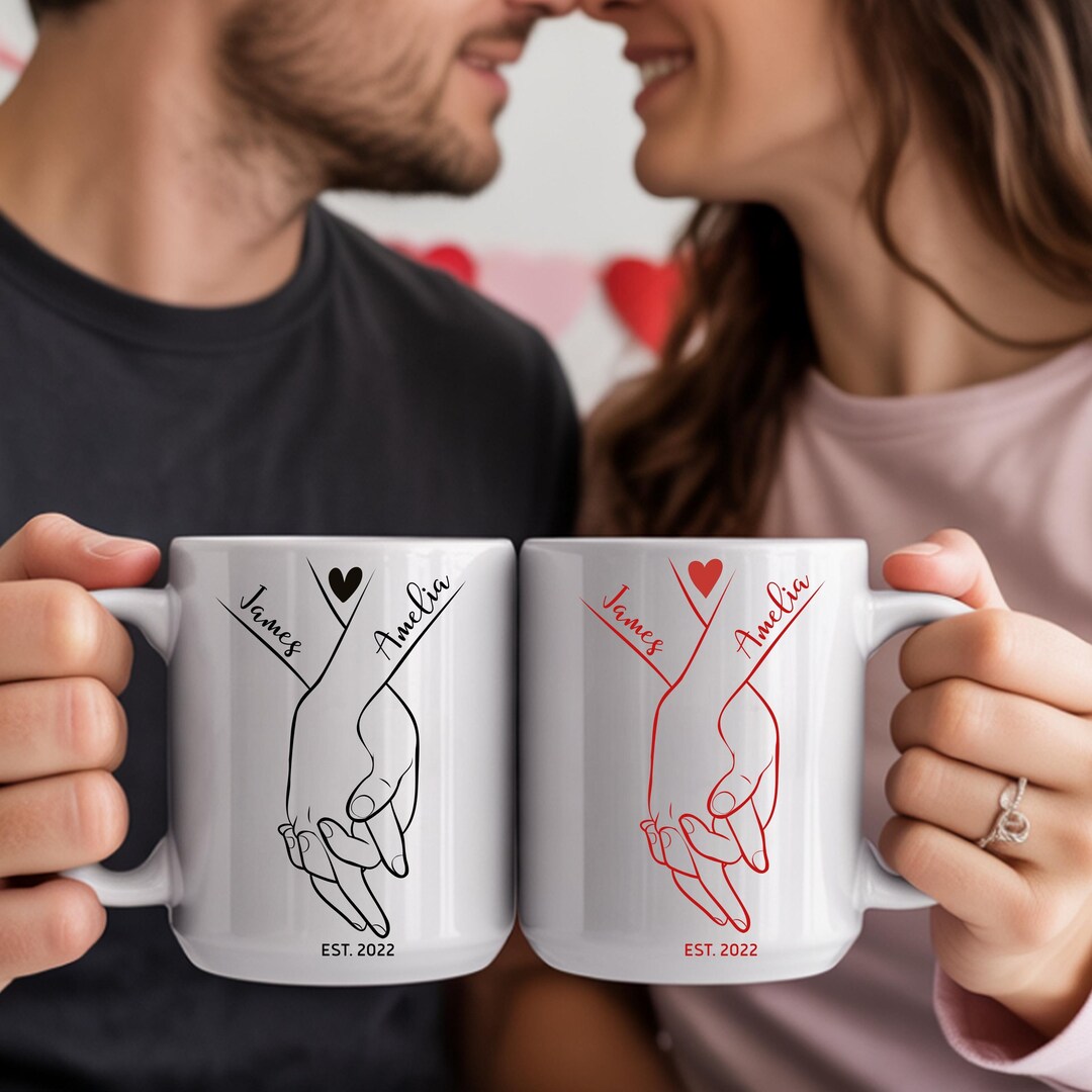 Partner Gift Holding Hands Couple Mug, Personalized Gift Names & Date, Hand Sketch ...
