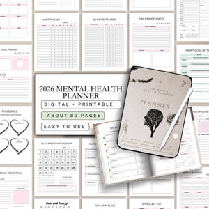 May include: A digital and printable 2026 mental health planner with about 89 pages. The planner features a cover with a silhouette of a head with a tree design and includes sections for habit tracking, self-care, and goal setting. The planner is easy to use.