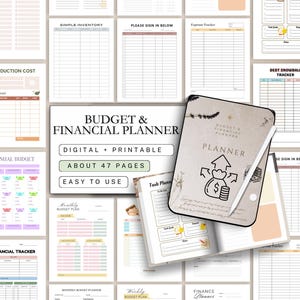 May include: A digital and printable budget and financial planner with about 47 pages. The planner includes sections for simple inventory, expense tracking, and debt snowball tracking. The cover features a money bag graphic.