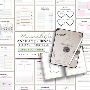 May include: A digital and printable minimalist anxiety journal with about 77 pages. The journal features various pages for self-care, goal setting, and mindfulness. The cover has the word "Journal" and a line drawing of a person.