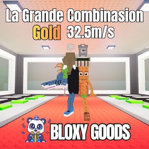 Puede incluir: Imagen de arte digital con dos figuras en bloques, una que se asemeja a un tiburón y la otra a una persona. Se muestra el texto "La Grande Combination Gold 32.5m/s" y "Bloxy Goods". También hay un panda con un gorro de fiesta.