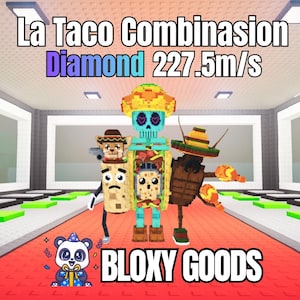 Puede incluir: Ilustración digital de tres personajes en bloques en un restaurante. La figura central es un esqueleto turquesa con un sombrero. La imagen incluye el texto "La Taco Combinasion Diamond 227.5m/s" y "Bloxy Goods".