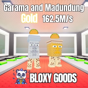 Puede incluir: Imagen de dos figuras hechas de bloques con tacos en la cabeza. Una es gris y la otra amarilla. El texto dice "Garma and Madundung Gold 162.5M/s" y "Bloxy Goods". También hay un panda con un gorro de fiesta.