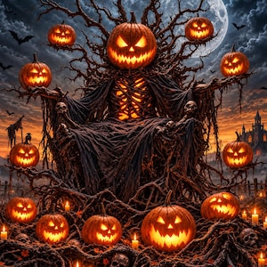 Puede incluir: Un trono oscuro y complejo construido con ramas de árbol retorcidas sin hojas y tela oscura, con una gran cabeza de calabaza brillante en el centro, varias calabazas iluminadas más pequeñas, calaveras dispersas y velas en un paisaje nocturno.