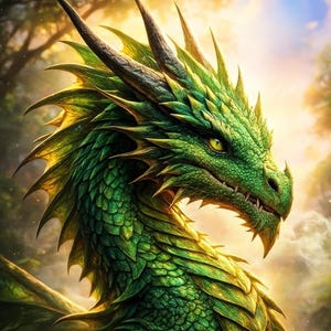 Majestic Green Dragon Art: High-Resolution Fantasy Digital Download for Wall Decor Gaming Room