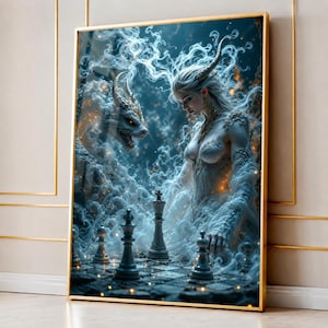 Lámina decorativa de fantasía de la Reina Dragón para imprimir / Póster de ajedrez de la Hechicera Blanca / Decoración mística digital para descargar