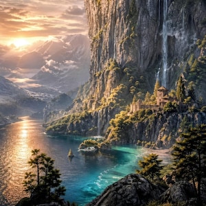 Può includere: Un paesaggio panoramico con un'imponente scogliera con cascate che si riversano in un lago turchese. Un castello si trova in cima alla scogliera, circondato da una vegetazione lussureggiante. Il sole tramonta sulle montagne, proiettando un bagliore dorato sull'acqua.