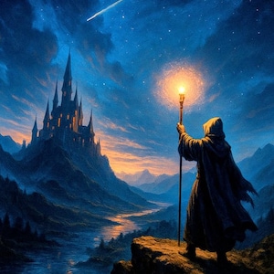 Puede incluir: Ilustración de una figura vestida con una túnica que sostiene un bastón brillante, de pie en un acantilado con vistas a un castillo y un río. El cielo nocturno está lleno de estrellas y una estrella fugaz. El castillo está iluminado con luz cálida.