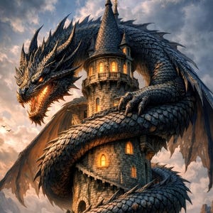 Könnte beinhalten: Ein großer, dunkel geschuppter Drache mit leuchtend orangefarbenen Augen und Maul windet sich um einen hohen, zylindrischen Steinturm. Der Turm hat mehrere Bogenfenster mit warmem goldenem Licht und eine Spitze mit einem Mondsichelsymbol.