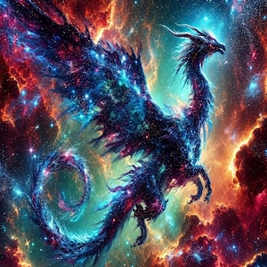 May include: A dragon illustration featuring a dark, celestial body filled with glowing blue, purple, and white stars. The creature has large, expansive wings and a long, curled tail, set against a vibrant nebula background of orange and red.