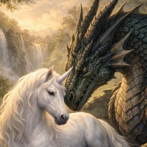 May include: A white unicorn with a long flowing mane and a single spiralled horn positioned next to a large, textured, dark green dragon with sharp scales and spikes, set against a backdrop of a misty forest and a cascading waterfall.