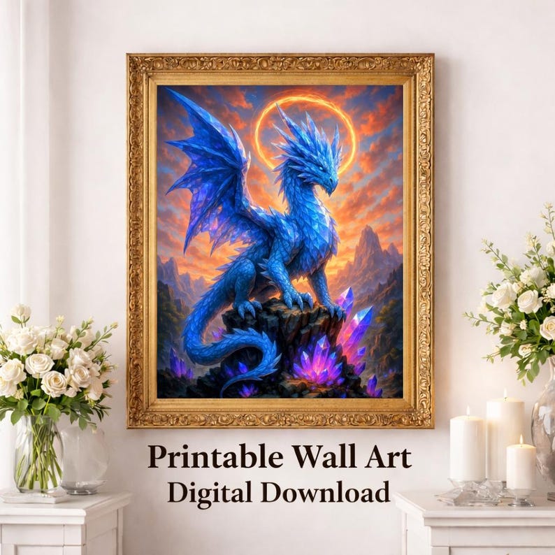 Crystal Dragon Art Print • Blue Gem Fantasy Wall Art (digital Download ...