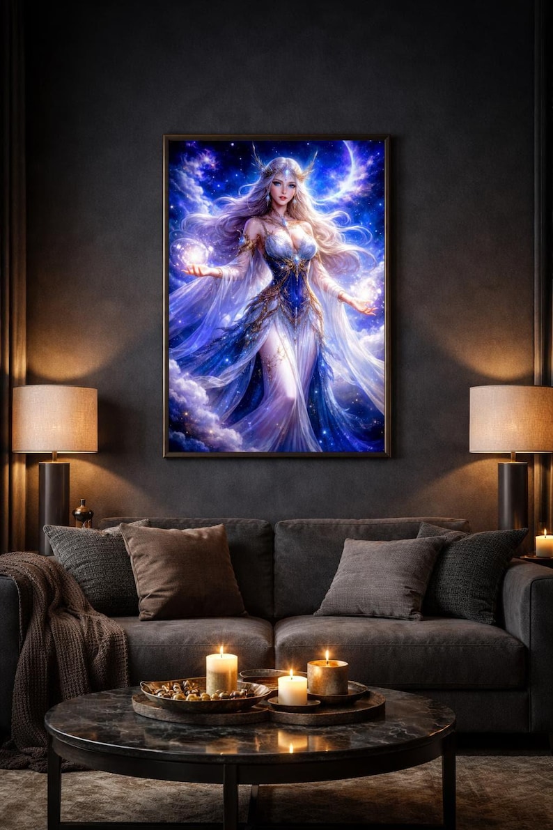 Celestial Goddess Wall Art: Moon Magic Blue Fantasy Print Digital ...