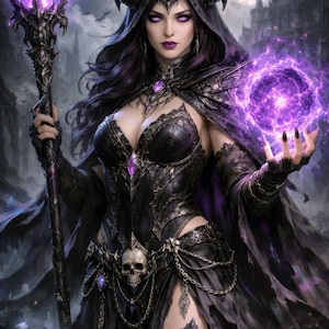 May include: A dark fantasy character with black horns, wearing a black corset and cape with purple accents. The figure holds a staff topped with a glowing purple crystal and manifests a swirling purple energy orb in the other hand, featuring skull details.