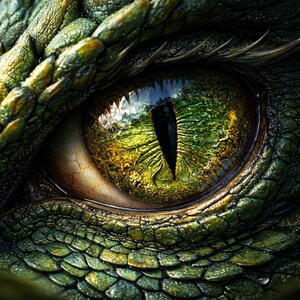 Puede incluir: Primer plano de un ojo de reptil, mostrando detalles intrincados. El ojo presenta un iris verde vibrante con una pupila negra vertical, rodeado de piel escamosa texturizada en tonos verdes y amarillos. El ojo refleja un paisaje.