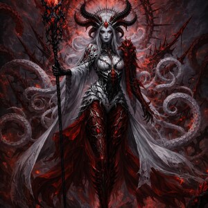 May include: A dark fantasy illustration of a pale figure with large black horns, wearing intricate red and white armour with a flowing white cape. The figure holds a tall, glowing red staff, surrounded by swirling white tentacles and a red halo.