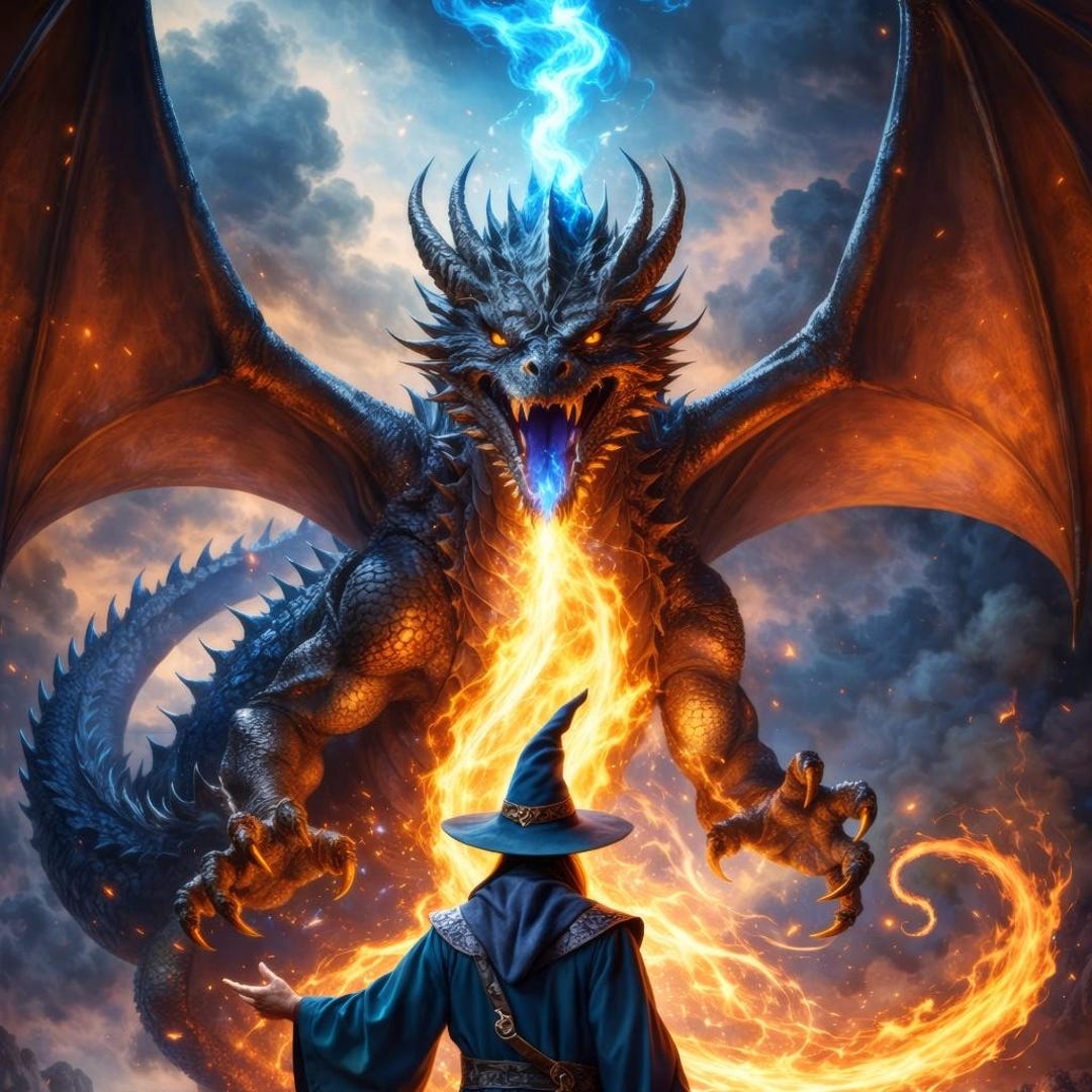 Wizard Vs Dragon Wall Art, Epic Fantasy Dragon Battle Poster, Dark ...