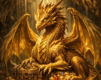 Golden Dragon Wall Art Printable 8K, Gold Dragon Poster, Fantasy Dragon Print, Treasure Dragon Artwork, RPG Wall Decor Digital Download
