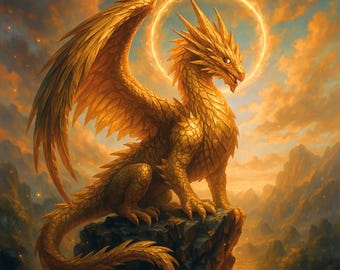 Golden Celestial Dragon • Fantasy Art Print • Majestic Gold Dragon Wall Art • Digital Download • High-Resolution Illustration