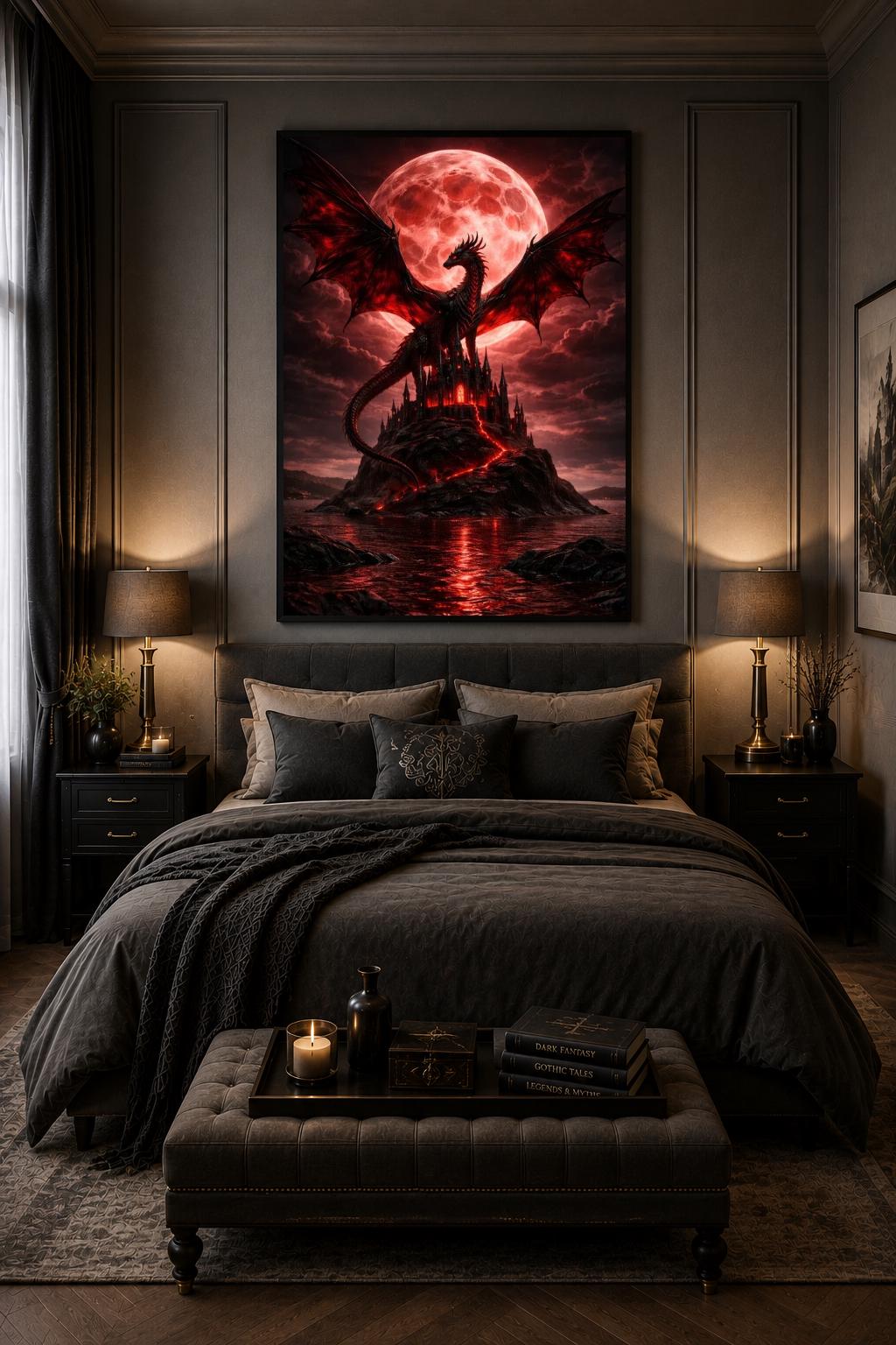Dragon Wall Art Dark Fantasy Blood Moon Gothic Home Decor Print ...