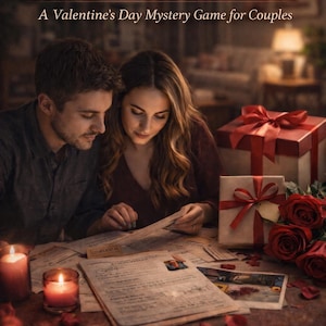 Könnte beinhalten: Ein Paar betrachtet Dokumente an einem Tisch, der von Kerzen beleuchtet wird, mit dem Text "THE SILENCE OF LOVE" und "A Valentine's Day Mystery Game for Couples". Rote Rosen und Geschenkboxen mit roten Schleifen sind ebenfalls zu sehen.