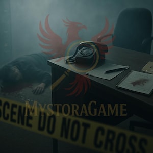 May include: A crime scene with a body on the floor, marked with a number 2. A desk holds a rotary phone, papers, and the word "EVIDENCE". Yellow tape reads "CRIME SCENE DO NOT CROSS".