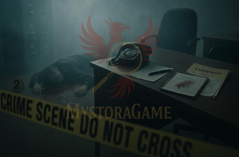 May include: A crime scene with a body on the floor, marked with a number 2. A desk holds a rotary phone, papers, and the word "EVIDENCE". Yellow tape reads "CRIME SCENE DO NOT CROSS".