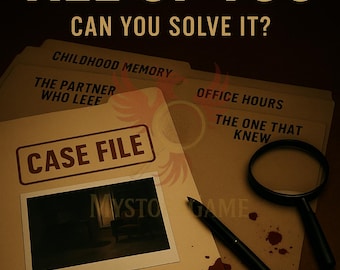 Puede incluir: Imagen promocional de un juego de misterio. La imagen presenta carpetas de archivos, una lupa y un bolígrafo. El texto de la imagen dice "4 Cases - 1 Killer, All of You, Can You Solve It?" y "Case File, Office Hours".