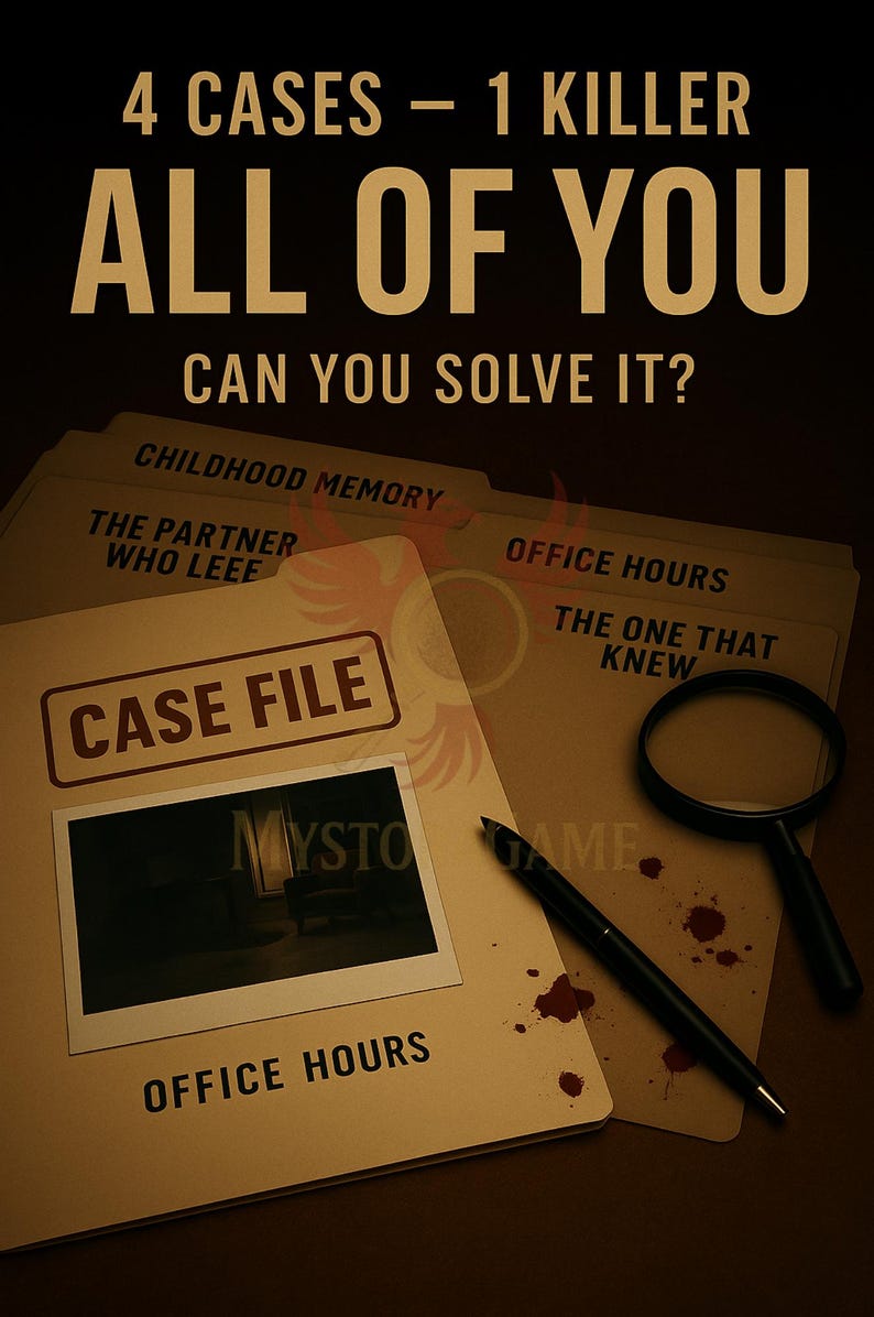 May include: A promotional image for a mystery game. The image features file folders, a magnifying glass, and a pen. Text on the image reads "4 Cases - 1 Killer, All of You, Can You Solve It?" and "Case File, Office Hours".