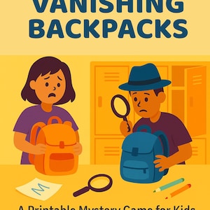 Könnte beinhalten: Illustration für ein druckbares Mystery-Spiel für Kinder mit dem Titel "Die verschwundenen Rucksäcke". Das Bild zeigt zwei Kinder mit Rucksäcken, einer Lupe und Bleistiften. Das Spiel wurde von MYSTORA GAME erstellt.
