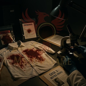 May include: A crime scene investigation setup featuring a white button-down shirt stained with blood, evidence bags, and a microscope. The scene is lit with a desk lamp, and a document with the text "CASE 2: DEFTCE HOURS" is visible.