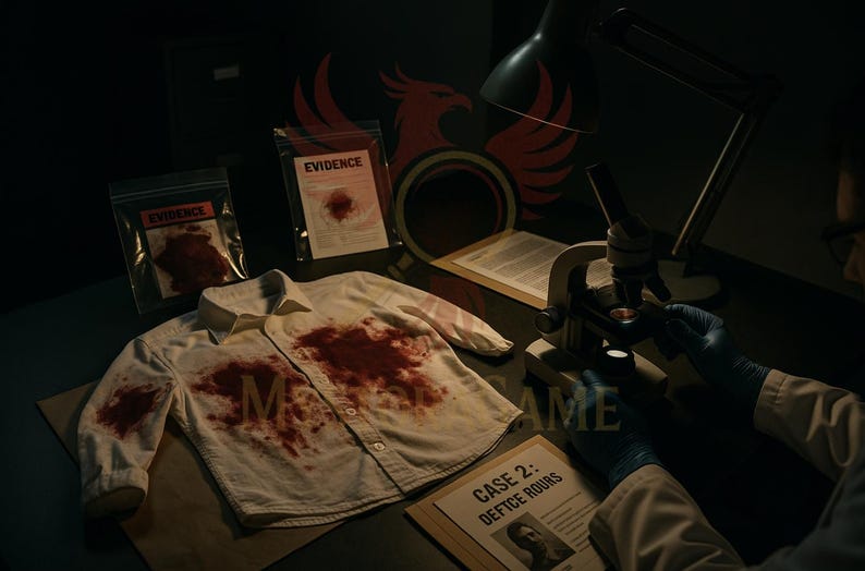 May include: A crime scene investigation setup featuring a white button-down shirt stained with blood, evidence bags, and a microscope. The scene is lit with a desk lamp, and a document with the text "CASE 2: DEFTCE HOURS" is visible.
