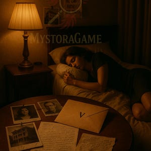 May include: A dimly lit room with a woman asleep in bed. A table in the foreground holds photos, handwritten notes, and an envelope marked with a "V". A lamp illuminates the scene, with the text "MYSTORAGAME" visible.
