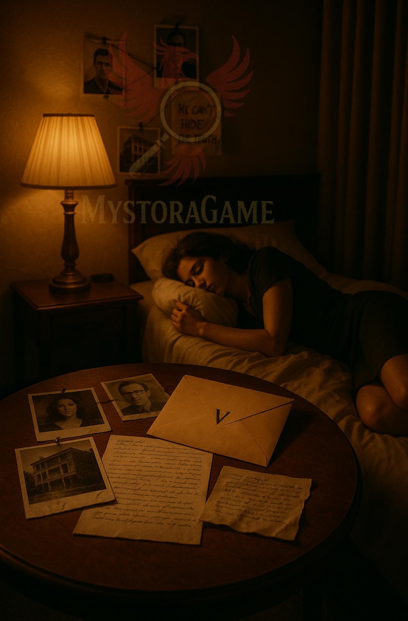 May include: A dimly lit room with a woman asleep in bed. A table in the foreground holds photos, handwritten notes, and an envelope marked with a "V". A lamp illuminates the scene, with the text "MYSTORAGAME" visible.