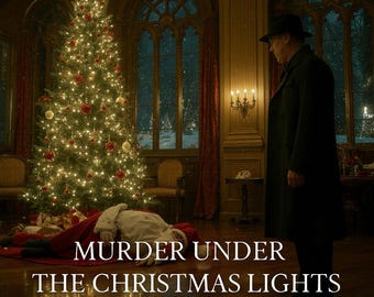 Könnte beinhalten: Eine festliche Weihnachtsszene mit einem geschmückten Baum, Ornamenten und Lichtern. Eine Person in einem langen Mantel steht in der Nähe einer Leiche auf dem Boden. Der Text "MURDER UNDER THE CHRISTMAS LIGHTS" wird angezeigt.