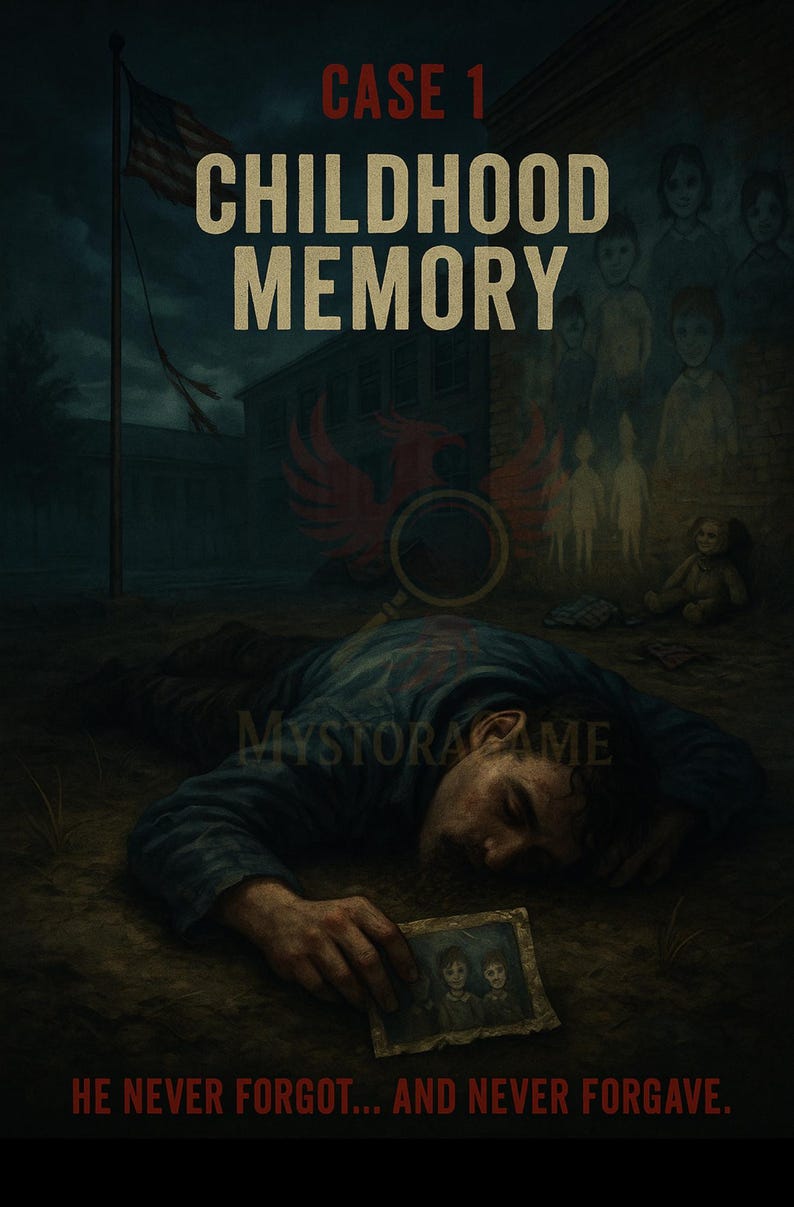 May include: A dark, dramatic illustration with the text "CASE 1 CHILDHOOD MEMORY." A person lies on the ground, holding a faded photograph. The American flag waves in the background, with the text "HE NEVER FORGOT... AND NEVER FORGAVE."