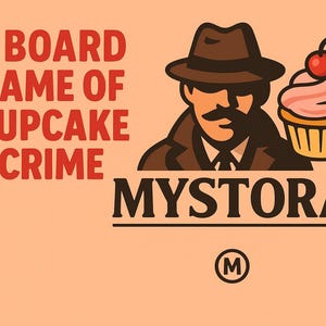 Pu&ograve; includere: Illustrazione per un gioco da tavolo chiamato "A Board Game of Cupcake Crime". Raffigura un detective con i baffi e un cupcake con una ciliegia. Il logo del gioco &egrave; "Mystora".