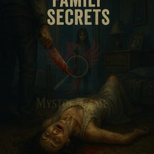 May include: A dark, dramatic illustration for a mystery novel. A woman lies on the floor, with a bloody knife held by a person. The text reads "CASE 3 FAMILY SECRETS" and "EVERY FAMILY HAS SKELETONS IN THE CLOSET..."