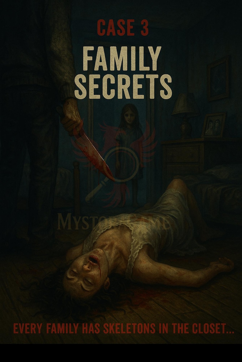 May include: A dark, dramatic illustration for a mystery novel. A woman lies on the floor, with a bloody knife held by a person. The text reads "CASE 3 FAMILY SECRETS" and "EVERY FAMILY HAS SKELETONS IN THE CLOSET..."