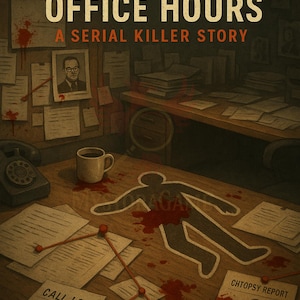May include: Illustration of a crime scene with the text "CASE 2 OFFICE HOURS A SERIAL KILLER STORY." A chalk outline of a body lies on a wooden desk, surrounded by blood spatter, documents, and a coffee cup. A call log and autopsy report are visible.