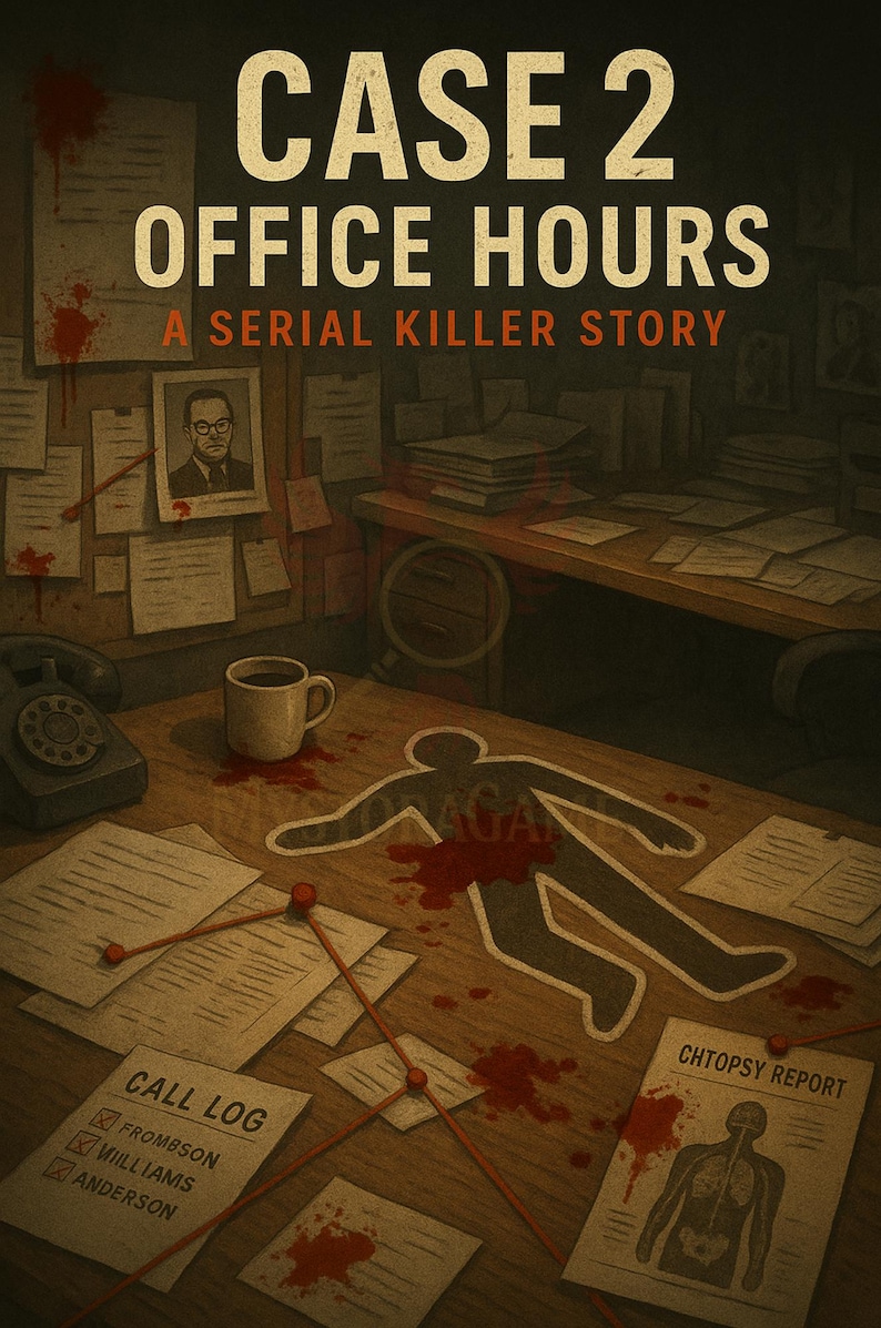 May include: Illustration of a crime scene with the text "CASE 2 OFFICE HOURS A SERIAL KILLER STORY." A chalk outline of a body lies on a wooden desk, surrounded by blood spatter, documents, and a coffee cup. A call log and autopsy report are visible.