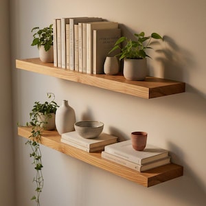 May include: Two wooden floating shelves with various decorative items. The top shelf holds a row of books, small potted plants, and a vase. The bottom shelf features books, a bowl, a vase, and a small terracotta cup. The shelves are mounted on a neutral-colored wall.