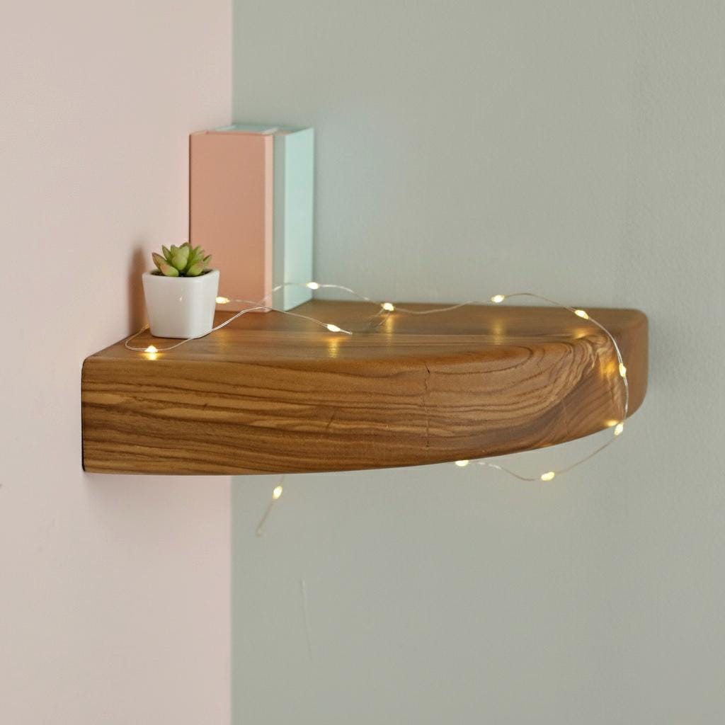 Handmade Natural Oak Corner Floating Shelf, Solid Wood Rounded-edge ...