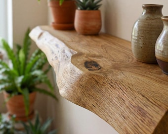 Live Edge massief eiken zwevende plank, natuurlijke rustieke muurplank, dikke handgemaakte houten plank van 25 mm, moderne boerderijdecor
