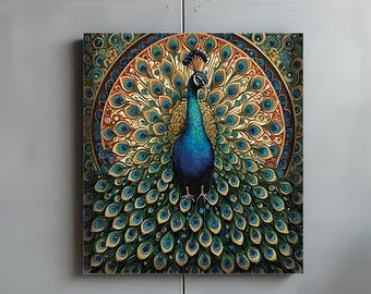 Peacock Canvas Art, Mandala Detailed Wall Print Painting, Luxury Living Room Decoration