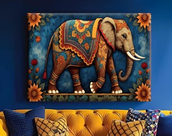 Indian Elephant Canvas Wall Art Print, Traditional Floral Mandala Poster