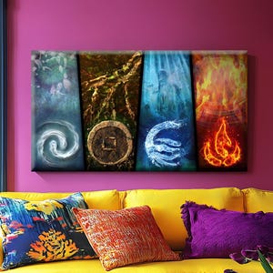 May include: A rectangular canvas art piece depicting the four elements: air, earth, water, and fire. The artwork features swirling air, a coin-like earth symbol, water, and flames. The canvas is mounted above a yellow sofa with colorful throw pillows.