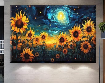 Sunflower Field Canvas Art, Starry Night Digital Print painting, Van Gogh Style Poster