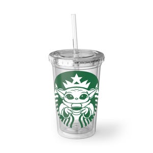 Baby Yoda Mermaid Logo Acrylic Cup | Clear Tumbler with Straw image 1