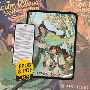 Puede incluir: Imagen de portadas de libros y productos digitales "The Scum Villain's Self-Saving System". Las portadas presentan ilustraciones de personajes con vestimenta tradicional. El producto digital está etiquetado como "EPUB & PDF DIGITAL PRODUCT".